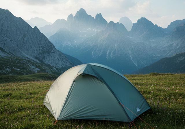 Ultraleichtes AlpinLite-1P-Trekkingzelt auf einer alpinen Wiese mit Bergkette im Hintergrund