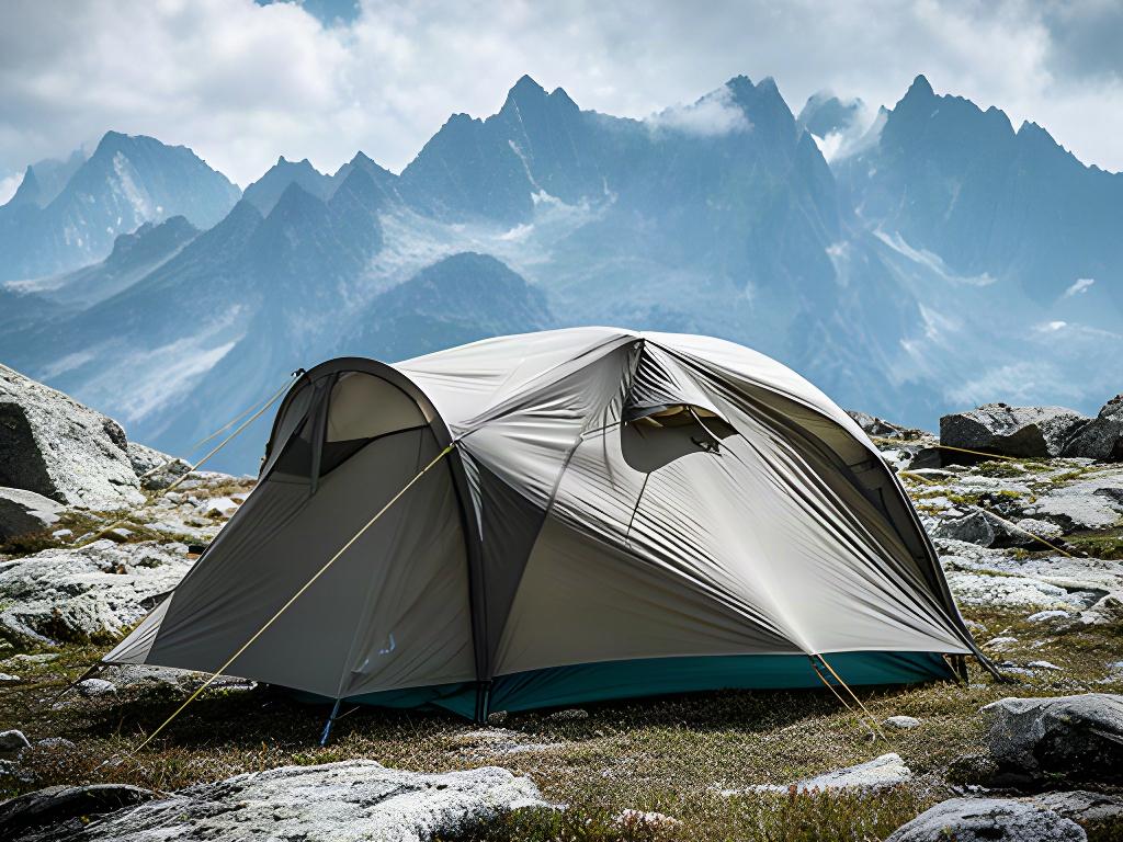 Leichtes AlpinLite-Trekkingzelt auf einem windigen Bergplateau mit aufgespanntem Silikon-Nylon