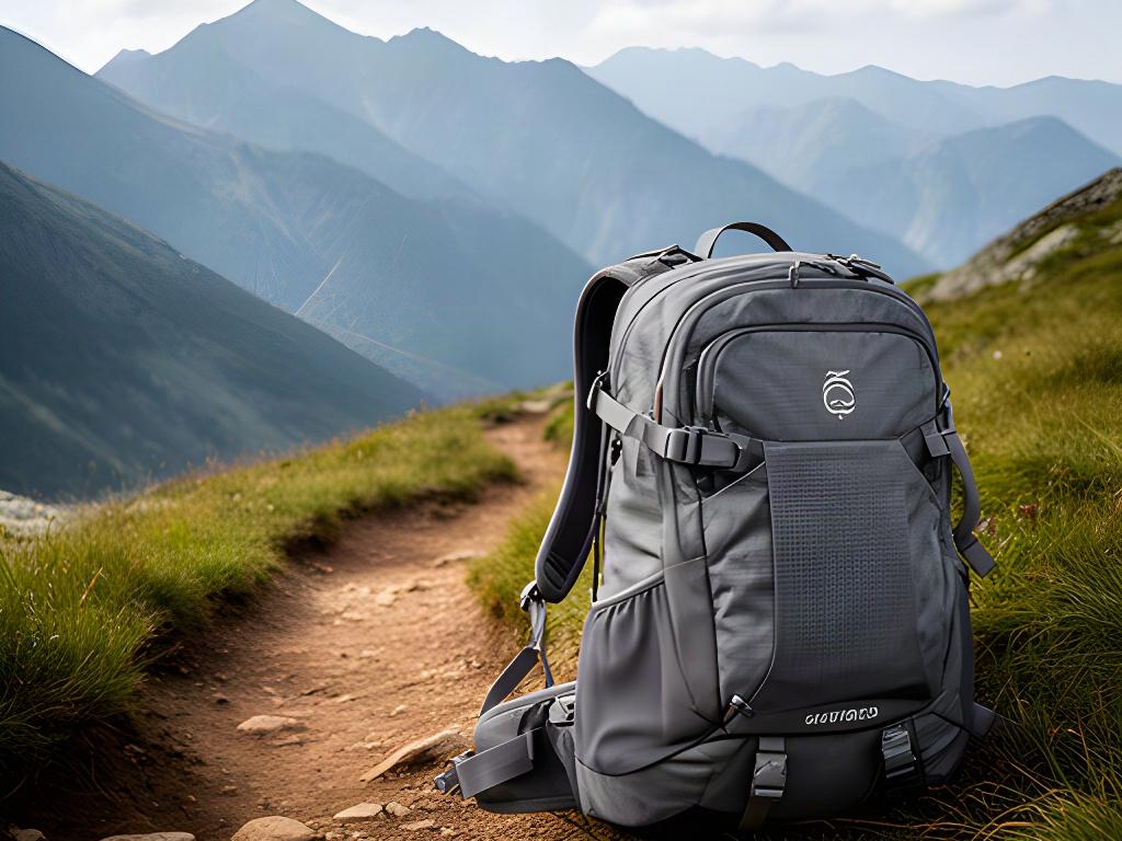 Grauer Summit-30-Rucksack auf einem alpinen Wanderweg mit sichtbarem Tragesystem und Seitentaschen